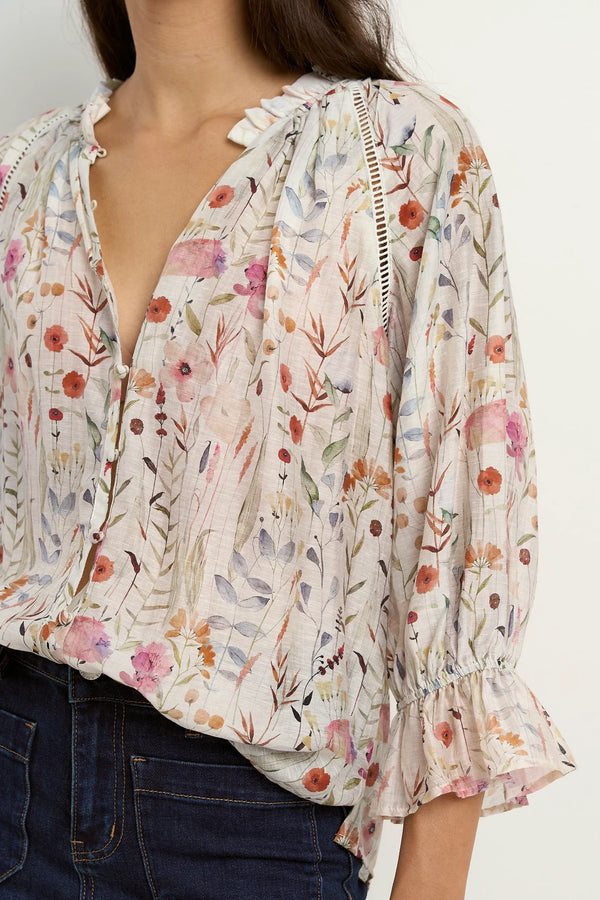 Encounter Cream Floral Gathered Button Front Top