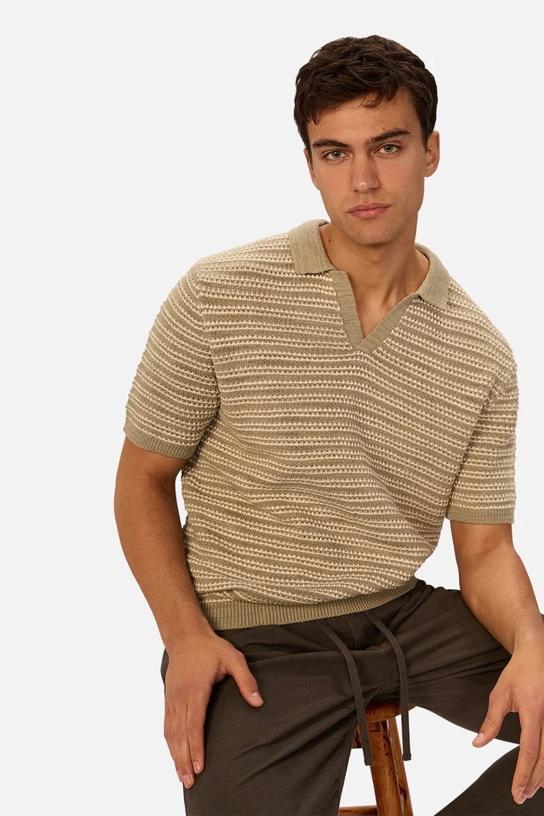 Front view of The Matera Polo – Olive/Stone by Industrie showing contrast collar and button neckline.