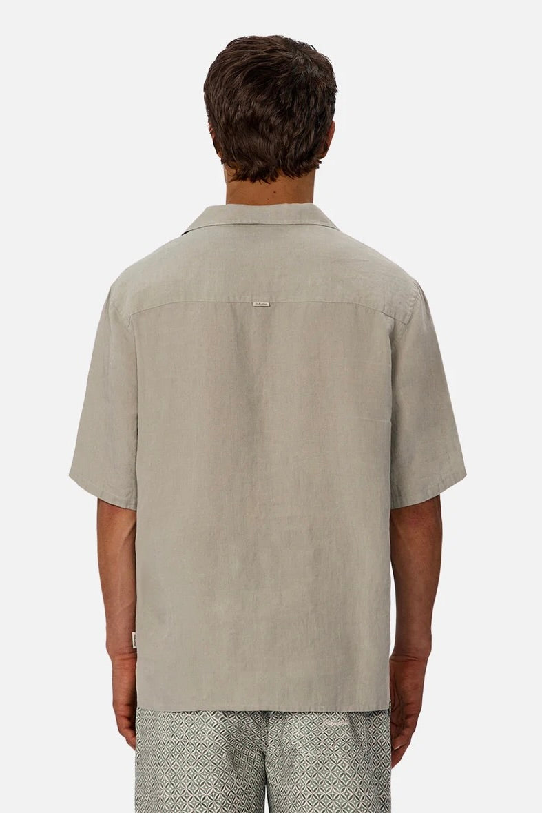 Back view of The St Martins Short Sleeve Linen Shirt – Spruce by Industrie displaying relaxed fit and soft drape.