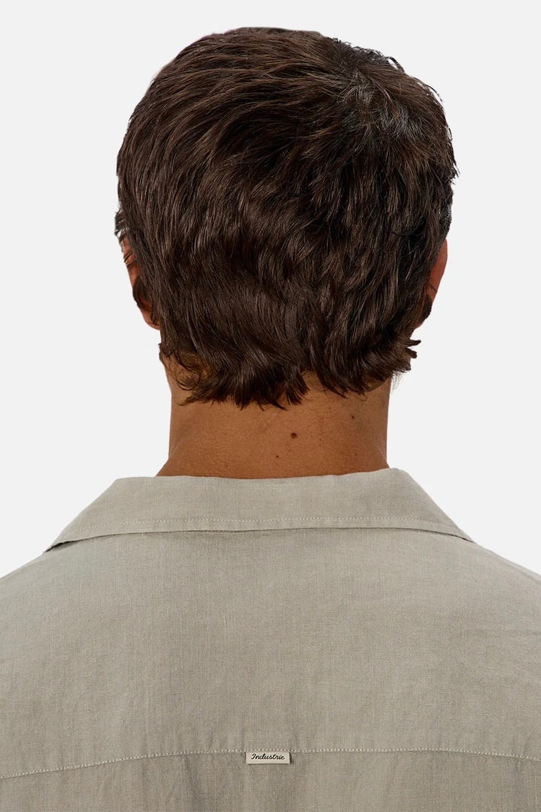 Back view of The St Martins Short Sleeve Linen Shirt – Spruce by Industrie displaying relaxed fit and soft drape.