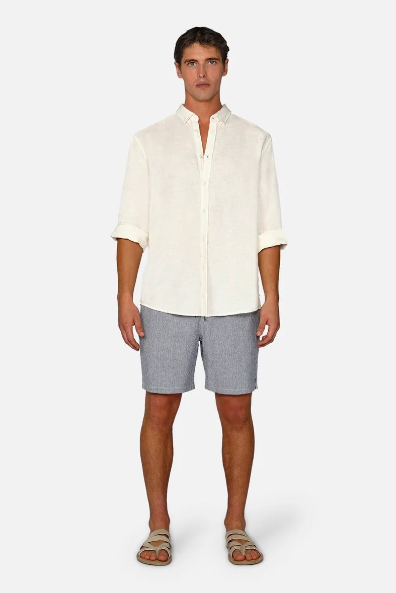 Front view of The Portico Linen Short by Industrie showing pinstripe design and drawstring waist.