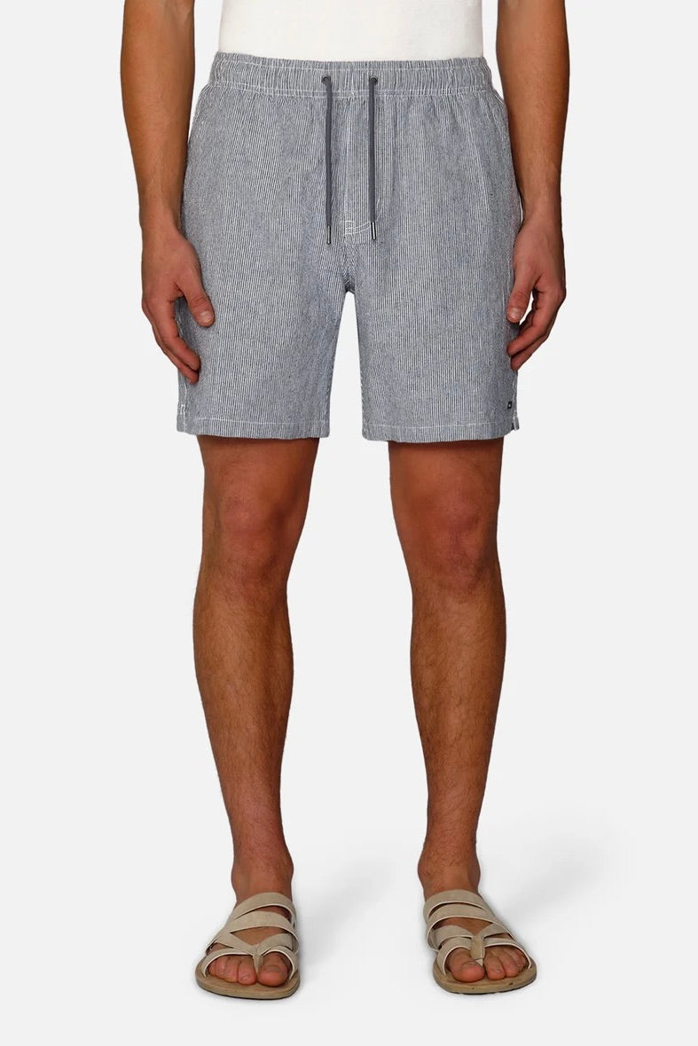 Close-up of linen-cotton texture and metal-tipped drawcords on The Portico Linen Short by Industrie.