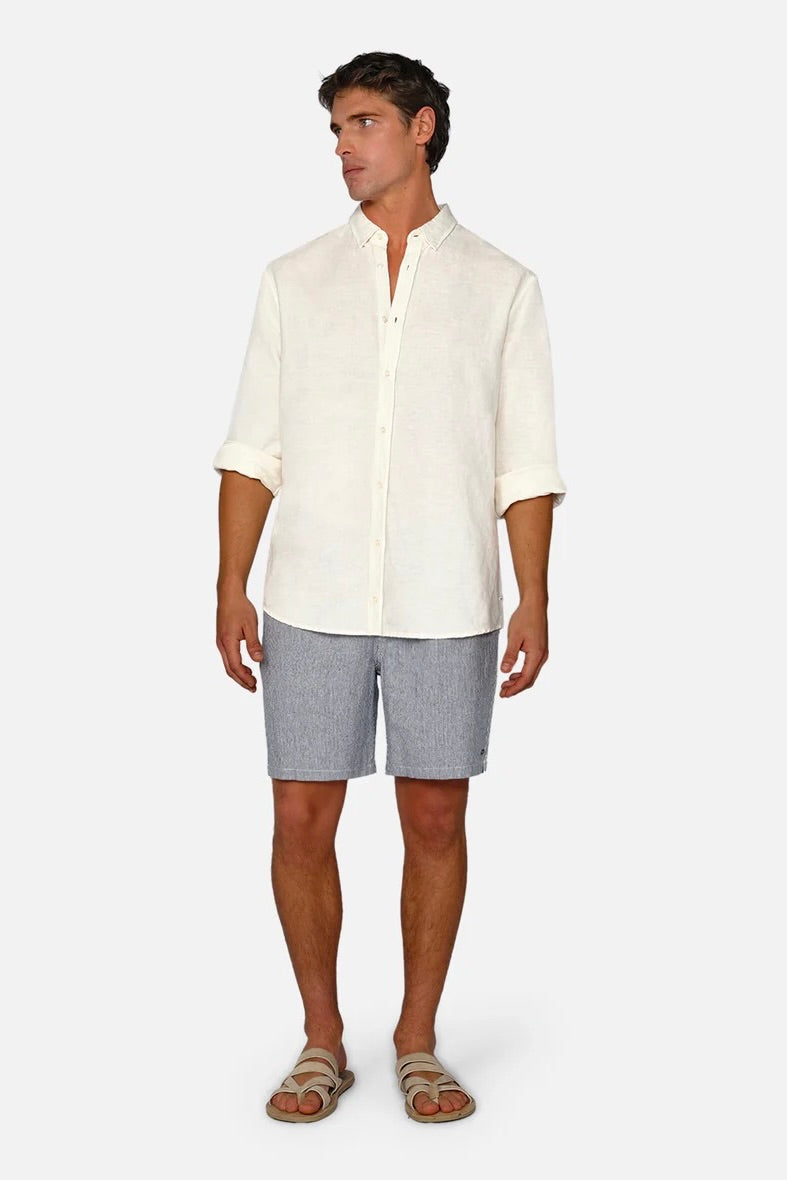 Front view of The Portico Linen Short by Industrie showing pinstripe design and drawstring waist.