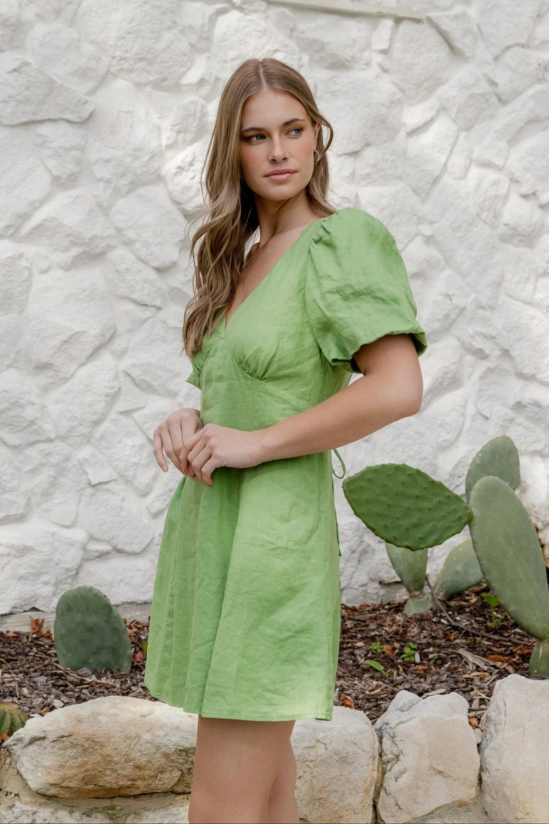 Front view of Adelaide Apple Mini Dress by Among The Brave showing V-neckline and puff sleeves.