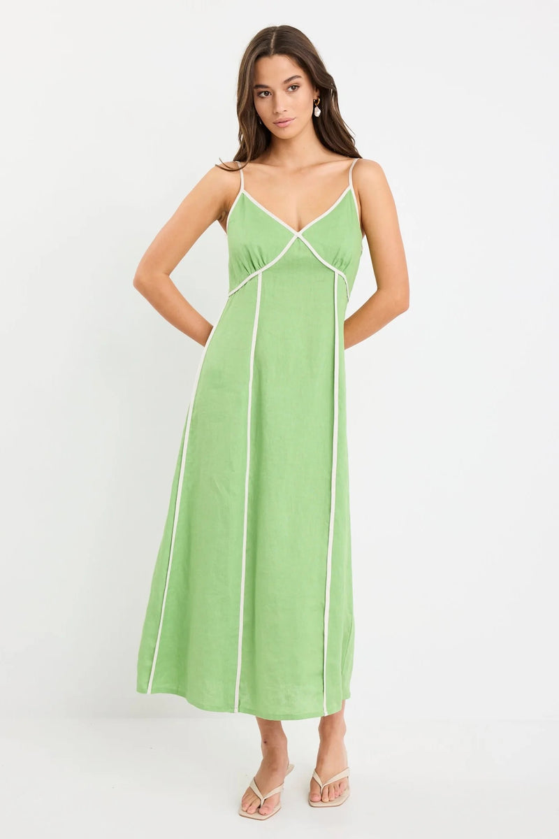 Marine Apple Contrast Piped Linen Strappy Maxi Dress by Among The Brave