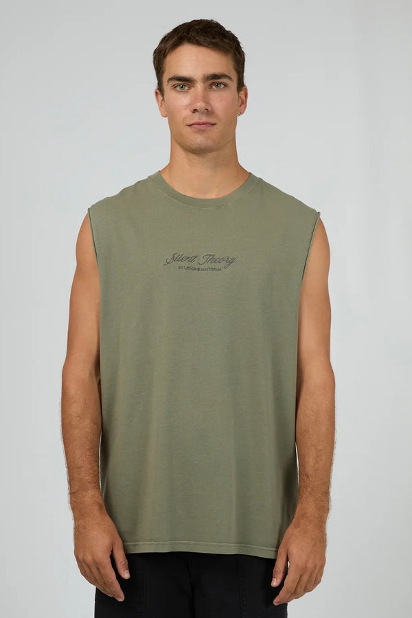 Model wearing Silent Theory Legacy Muscle in olive, featuring sleeveless design and relaxed fit.