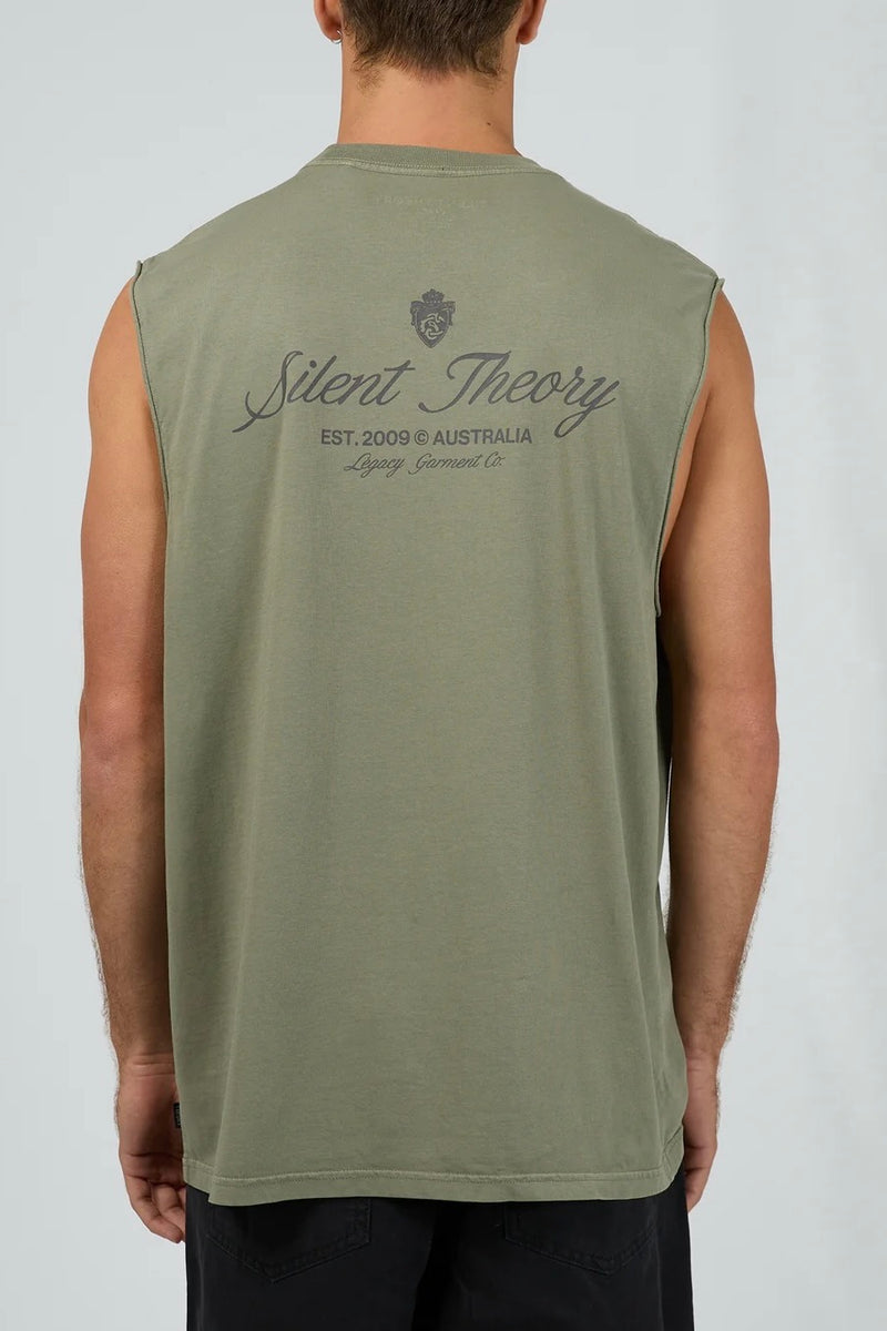 Model wearing Silent Theory Legacy Muscle in olive, featuring sleeveless design and relaxed fit.