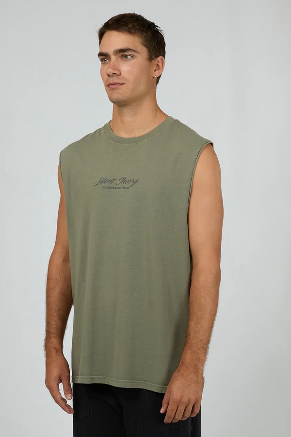 Model wearing Silent Theory Legacy Muscle in olive, featuring sleeveless design and relaxed fit.