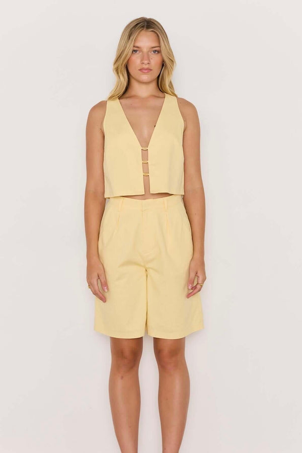 Minkpink Gigi butter yellow linen crop vest top, women’s sleeveless crop top, chic butter yellow co-ord, minimal tailored vest top, summer linen outfit