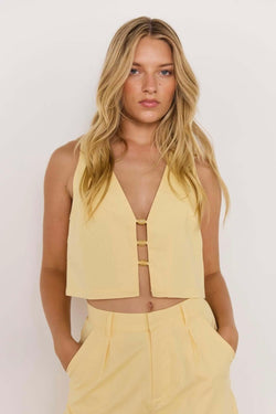 Minkpink Gigi butter yellow linen crop vest top, women’s sleeveless crop top, chic butter yellow co-ord, minimal tailored vest top, summer linen outfit