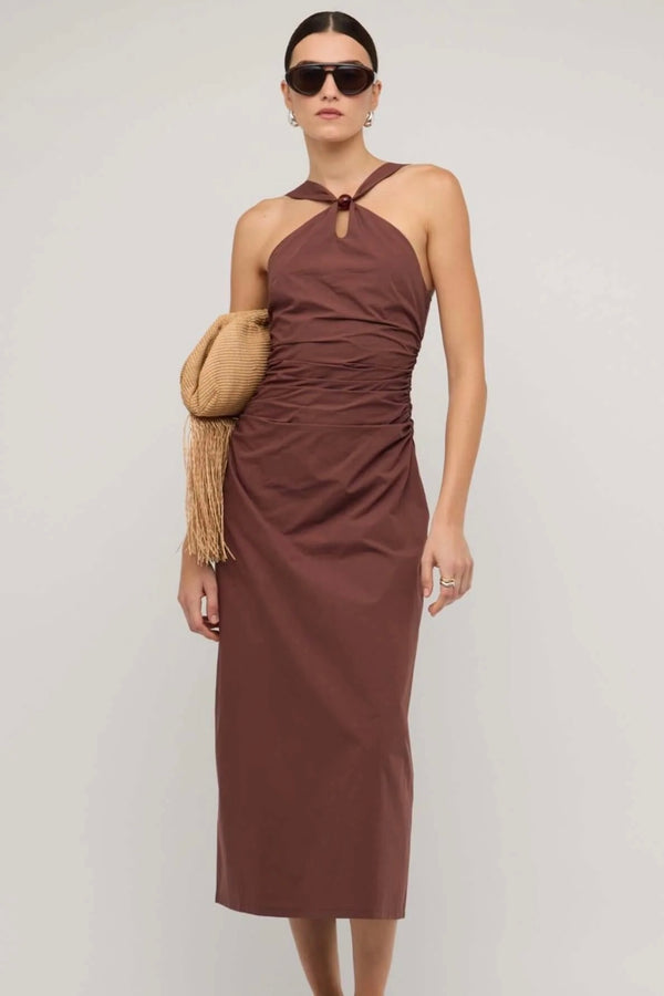 Staple the Label Choc halter midi dress, women’s chocolate brown dress, sleeveless halter dress, chic brown midi outfit, minimal evening wear