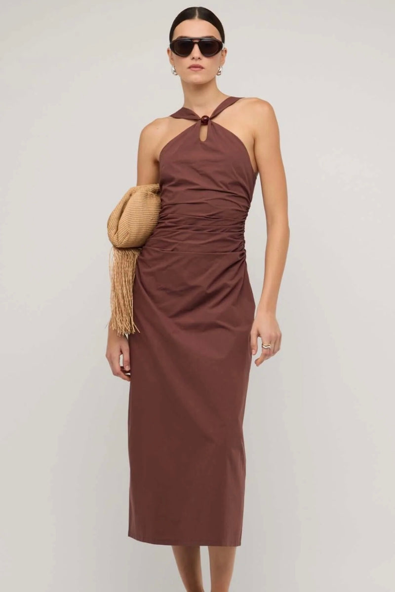 Staple the Label Choc halter midi dress, women’s chocolate brown dress, sleeveless halter dress, chic brown midi outfit, minimal evening wear