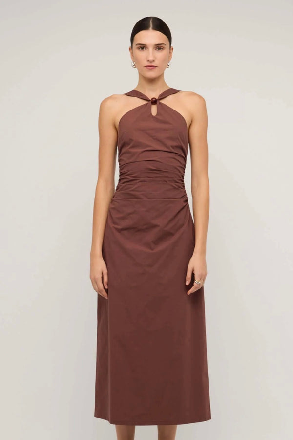 Staple the Label Choc halter midi dress, women’s chocolate brown dress, sleeveless halter dress, chic brown midi outfit, minimal evening wear