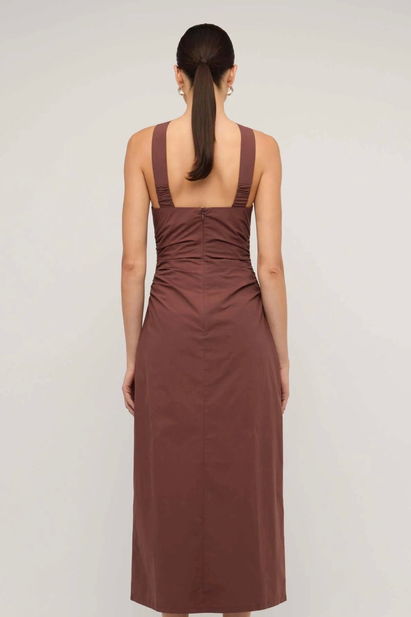 Staple the Label Choc halter midi dress, women’s chocolate brown dress, sleeveless halter dress, chic brown midi outfit, minimal evening wear