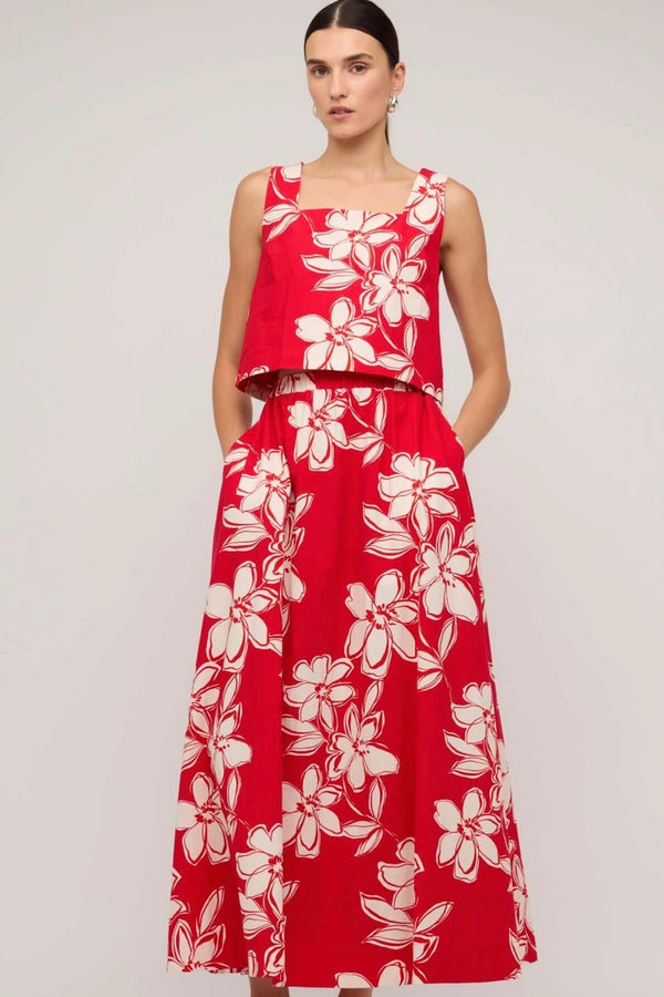 Red floral high-waisted maxi skirt by Staple The Label