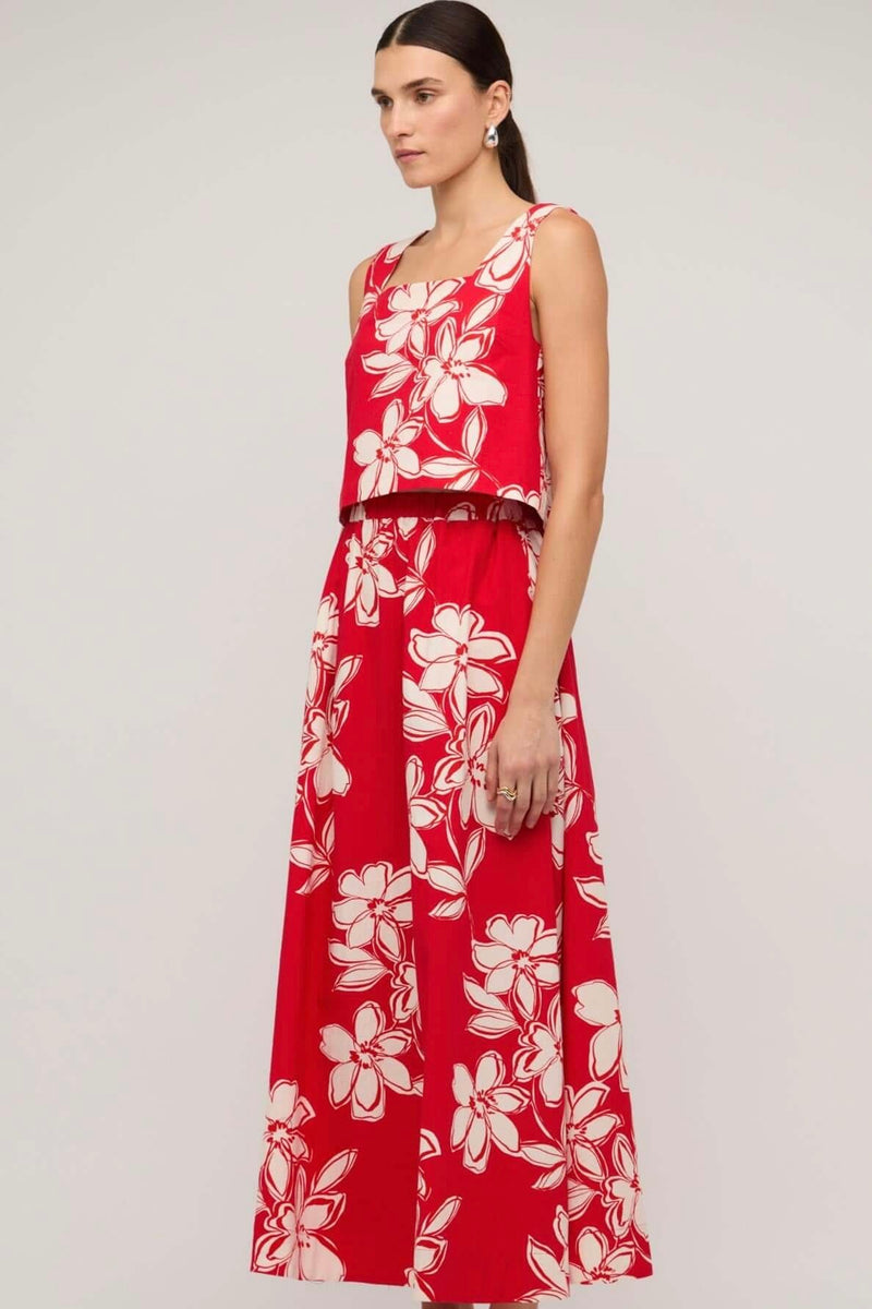 Red floral high-waisted maxi skirt by Staple The Label