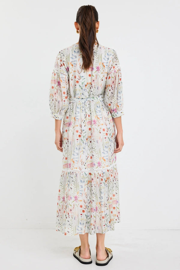 Wisdom Cream Floral Balloon Sleeve Midi Shirt Dress