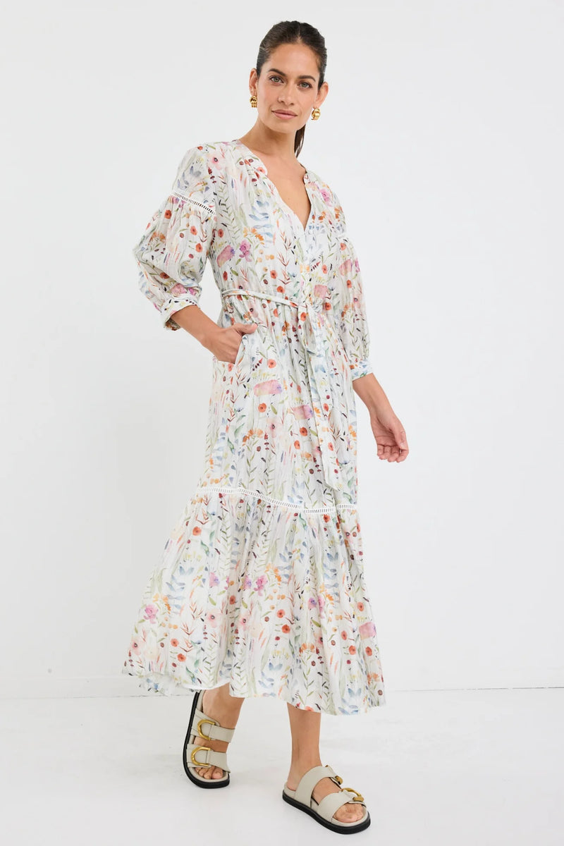 Wisdom Cream Floral Balloon Sleeve Midi Shirt Dress