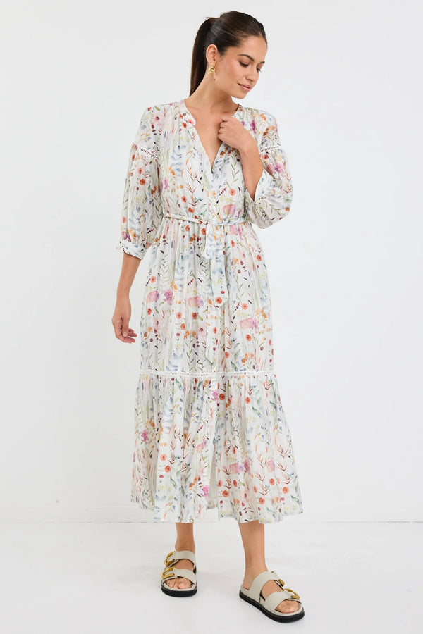 Wisdom Cream Floral Balloon Sleeve Midi Shirt Dress