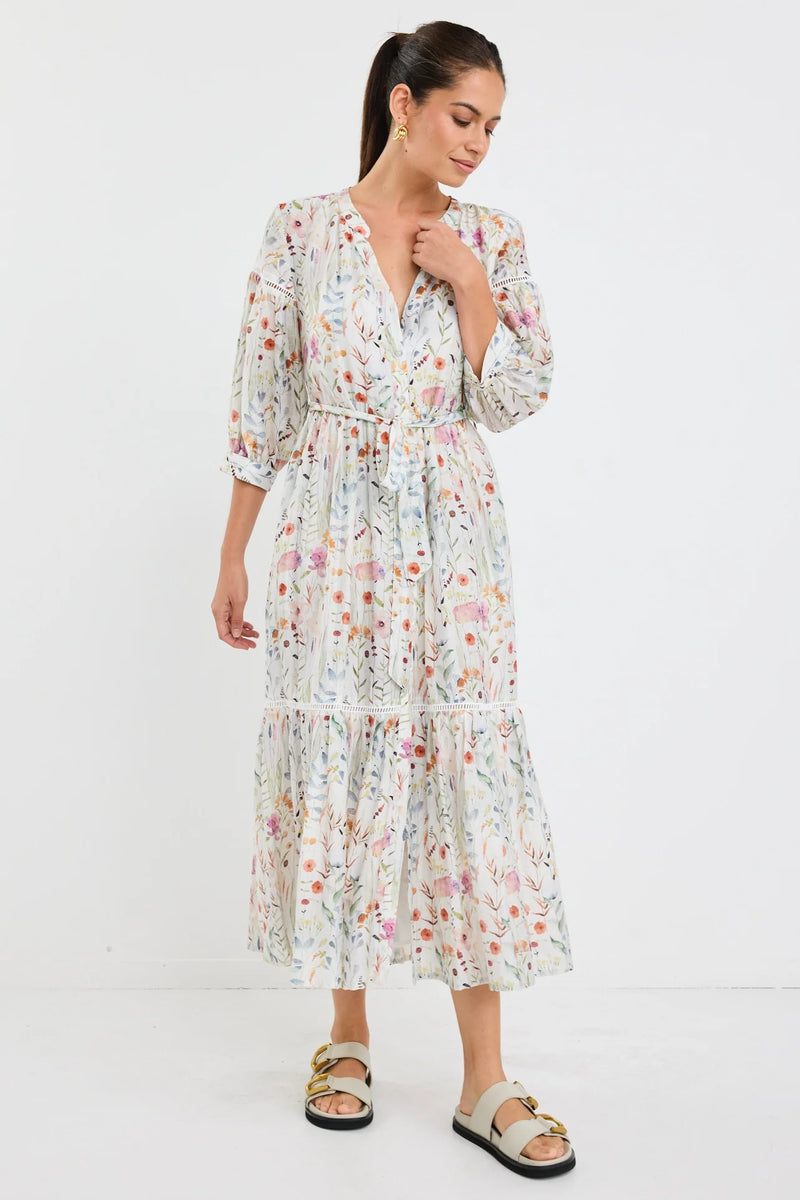 Wisdom Cream Floral Balloon Sleeve Midi Shirt Dress